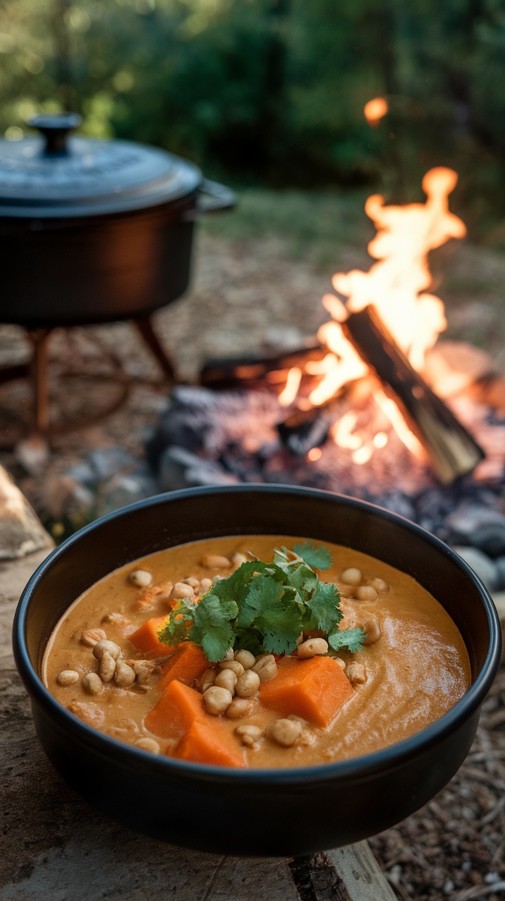 A bowl of sweet potato and peanut stew with cilantro, set outdoors near a Dutch oven and campfire.